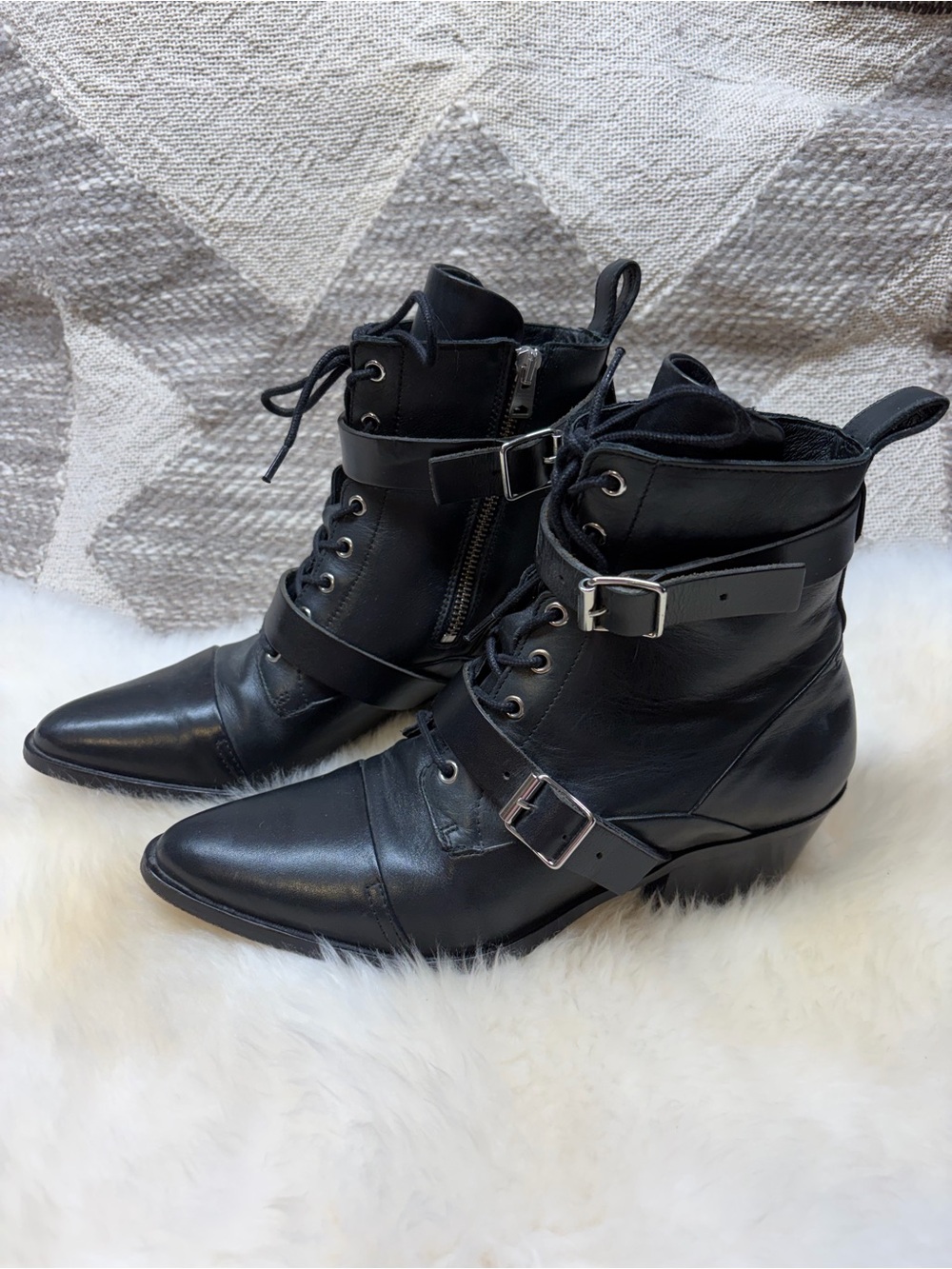 All Saints Lucie Black Leather Buckle Boot